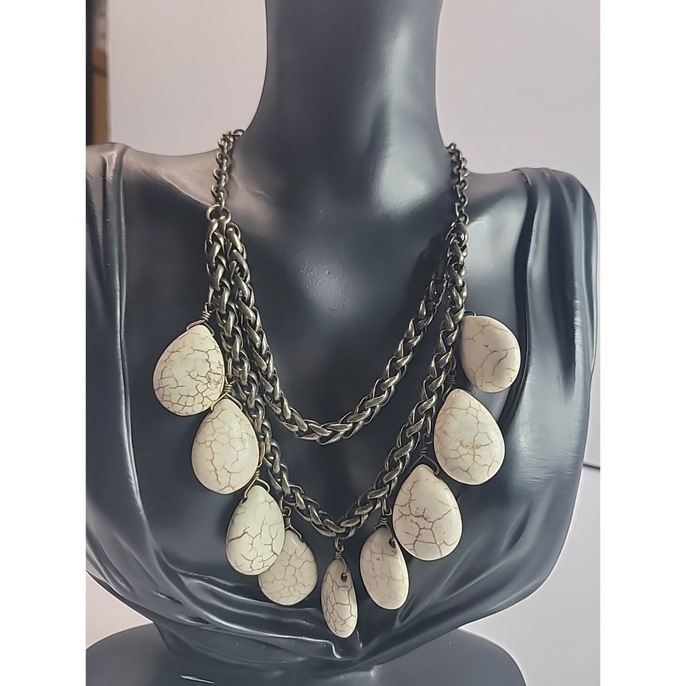 Western Boho Faux Howlite Teardrop Necklace Brass Tone Statement Jewelry